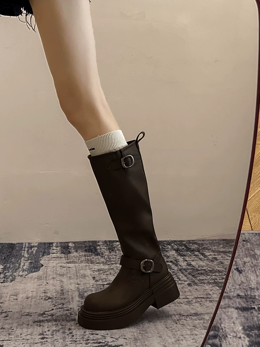 Giày bốt cao đến đùi đế xuồng chunky kiểu Mỹ màu đen dành cho nữ, mẫu mới thu đông 2025, kiểu dáng Anh, tôn dáng, kiểu đi cưỡi ngựa