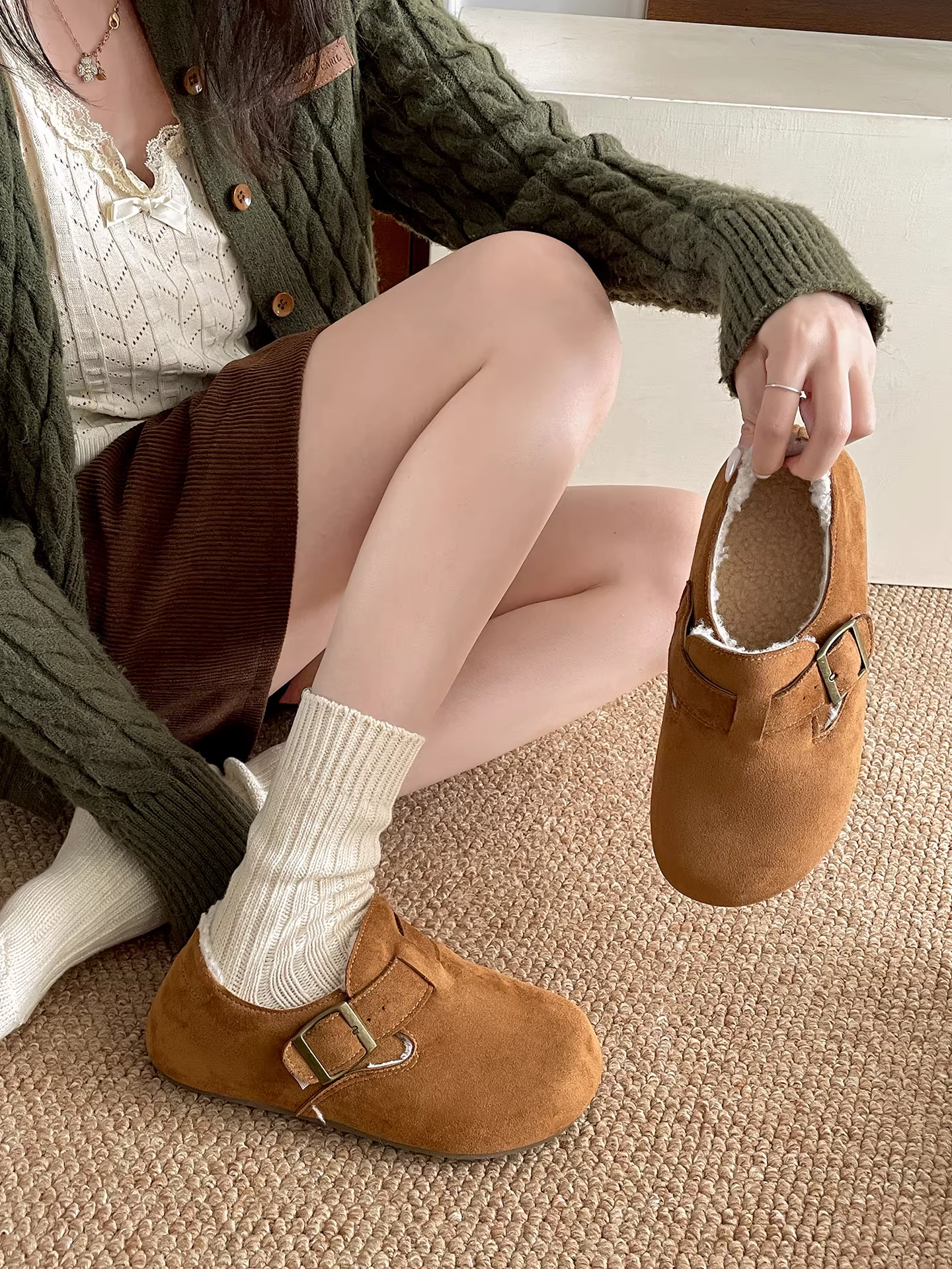 Giày nữ Nanzai kiểu retro màu nâu đế dày lót lông cừu cotton mùa đông 2025 mới giữ ấm chống trơn ngoài trời kiểu Birkenstock