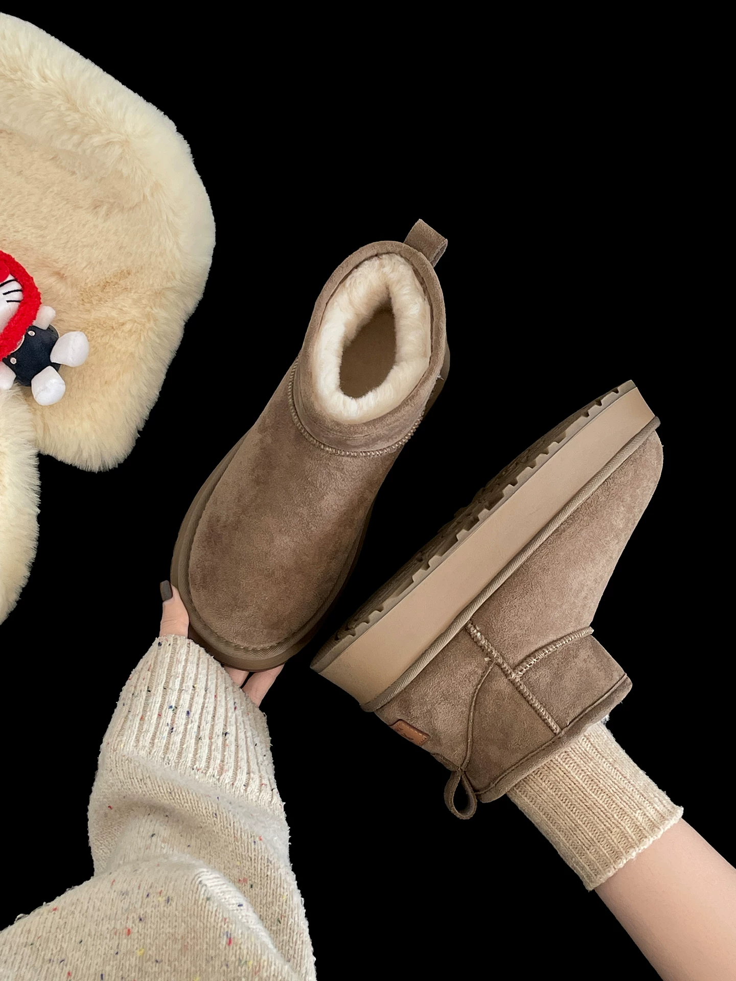 Giày bốt tuyết đế dày lót lông cừu trắng cổ điển Nanzai dành cho nữ 2025 Mẫu mới mùa đông ấm áp đi ngoài trời kiểu Birkenstock bằng vải cotton