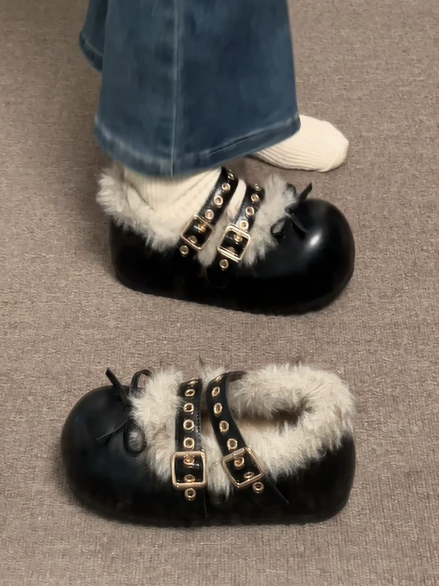 Giày Mary Jane lót lông dày đế cao dành cho nữ, giày bông giữ ấm mùa đông ngoài trời tăng chiều cao mới năm 2025.