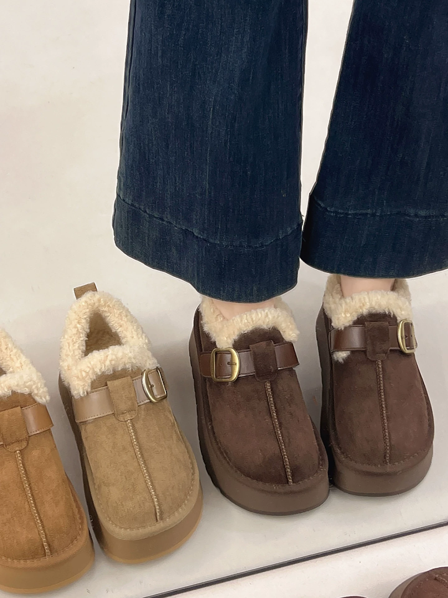 Giày bốt đi tuyết đế dày lót lông cừu kiểu cổ điển Nanzai dành cho nữ 2025 Giày cotton kiểu Birkenstock ấm áp mùa đông mới.