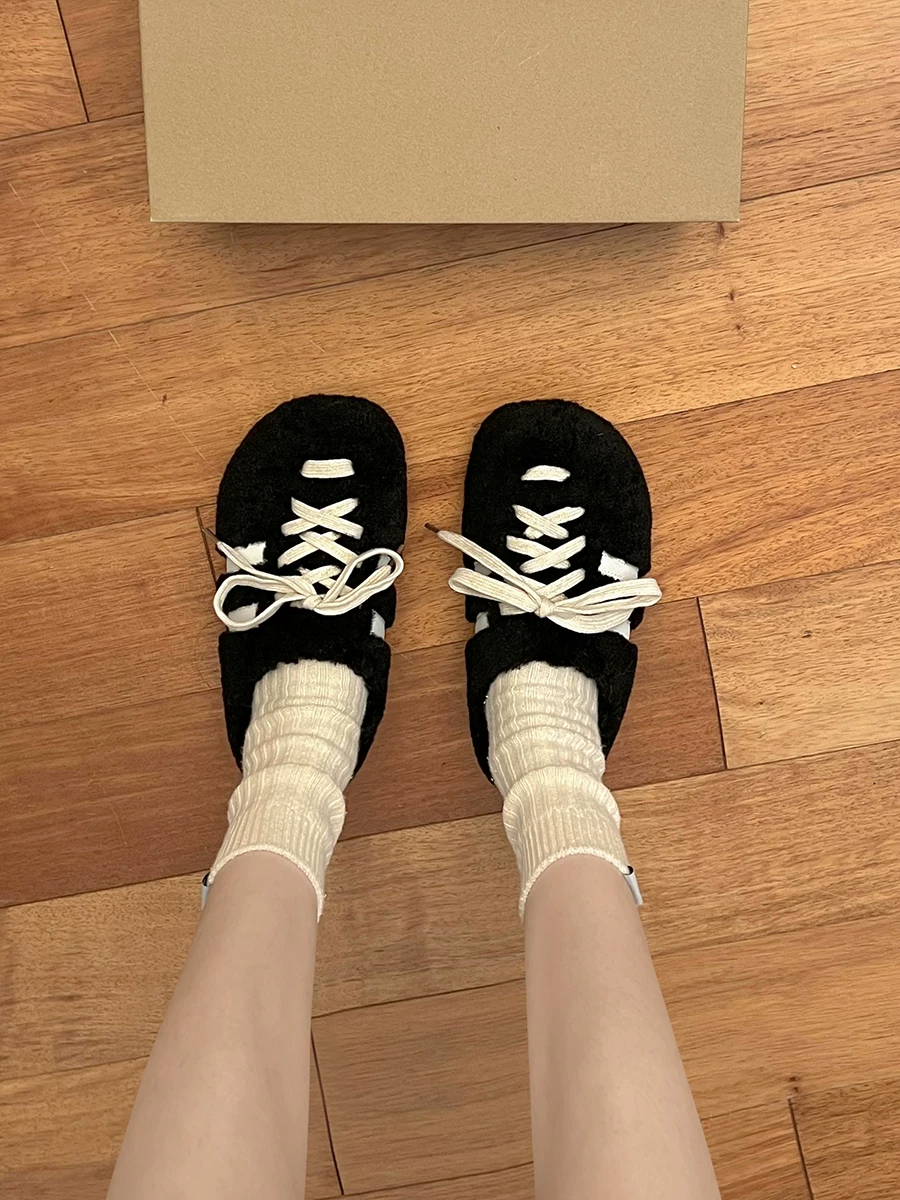 Dép lông dày đế cao siêu hot của người nổi tiếng mạng xã hội dành cho nữ, mẫu mới thu đông 2025, đi ngoài trời, chống trơn trượt, đế mềm, tăng chiều cao, mũi kín, chất liệu cotton