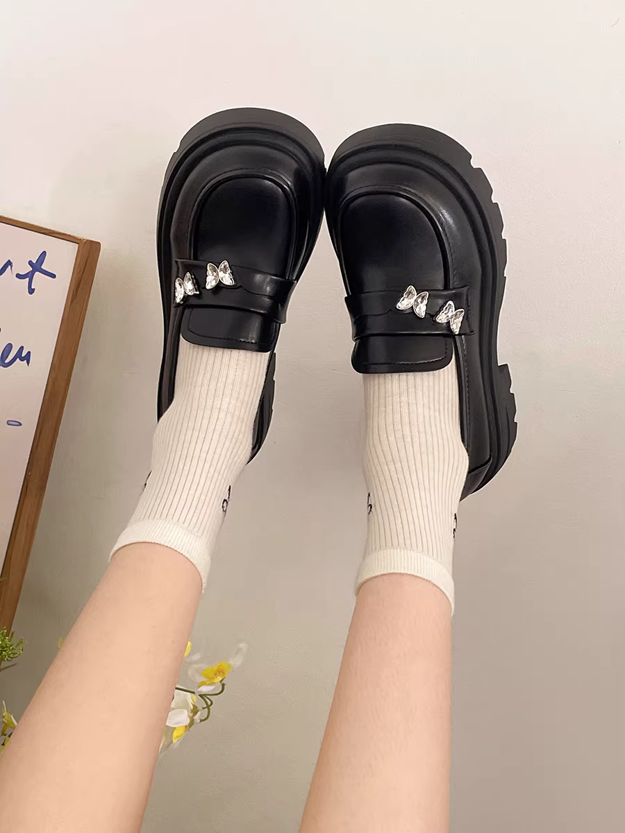 Giày da đế dày kiểu Anh cổ điển màu đen dành cho nữ, mẫu mới thu đông 2025, kiểu Pháp đa năng, kiểu lười