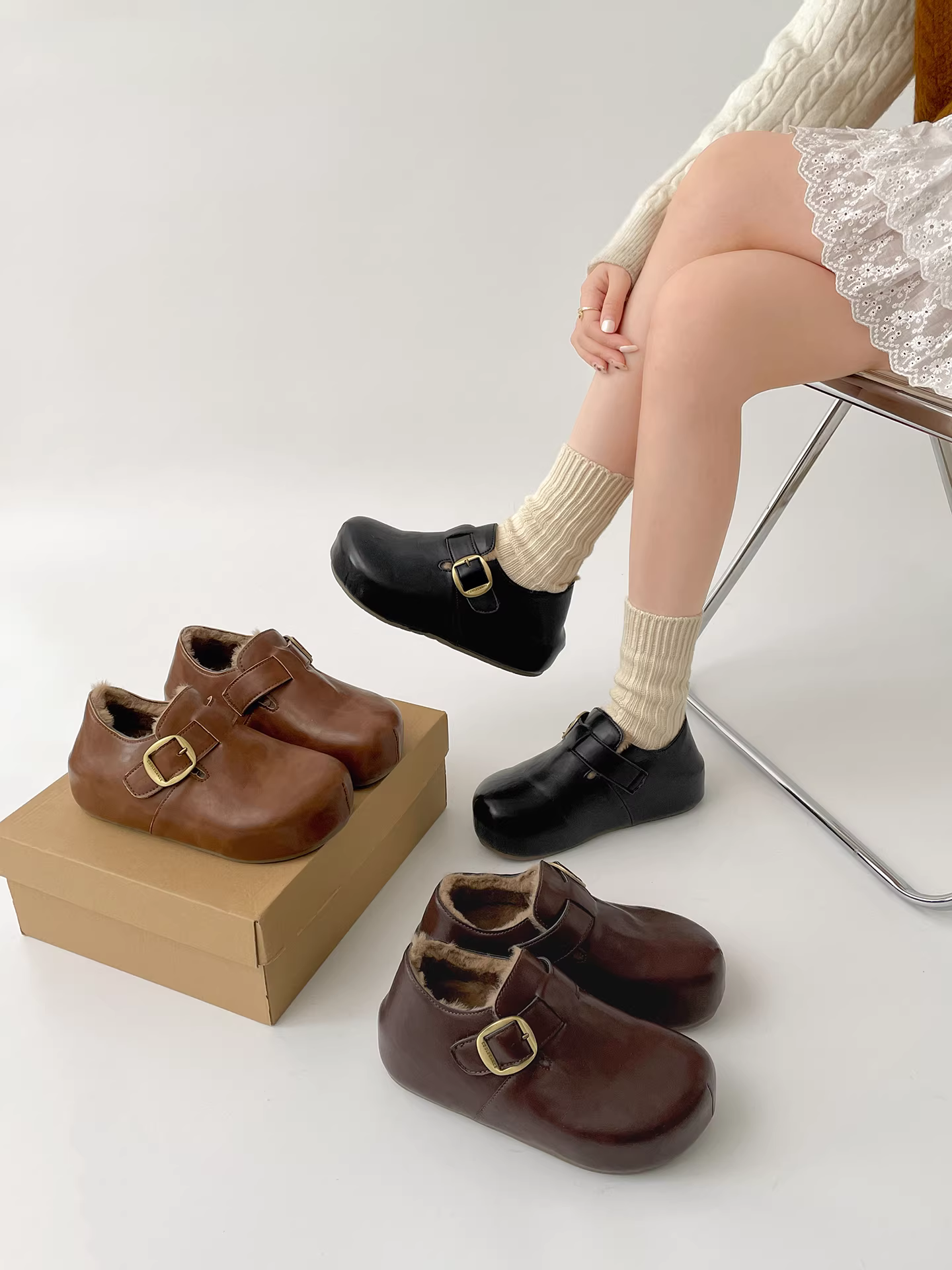 Giày nữ đế dày kiểu Birkenstock cổ điển màu đen, mẫu mới thu đông 2025, lót lông giữ ấm, chống trơn trượt