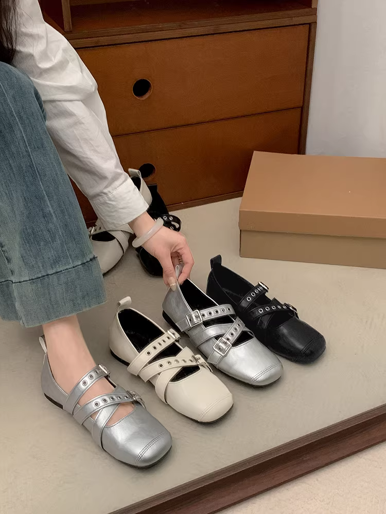 Giày bệt da nữ Nanzai Nanfang kiểu dáng mới mùa thu 2025, phối chân váy, mũi vuông, kiểu ballet, đế thấp.