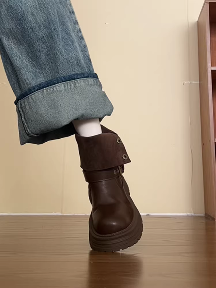 Giày bốt Martin đế dày kiểu cổ điển màu nâu nam phía Nam dành cho nữ 2025 Giày bốt ngắn tăng chiều cao phong cách Anh quốc mới mùa thu đông
