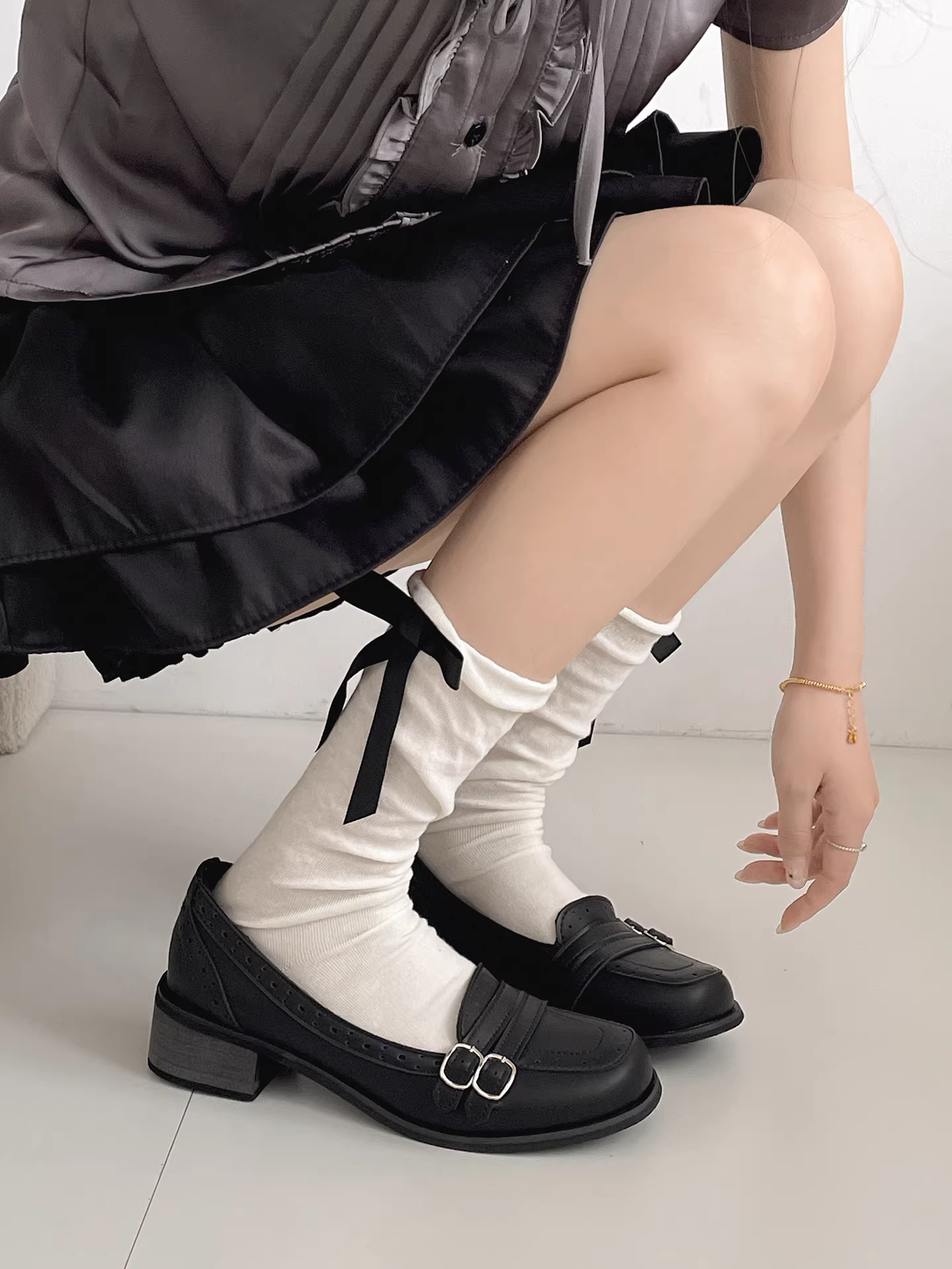 Giày da cao gót chunky đa năng, kiểu retro đen thời thượng dành cho nữ, mẫu mới thu đông 2025, kiểu Mary Jane Pháp tăng chiều cao