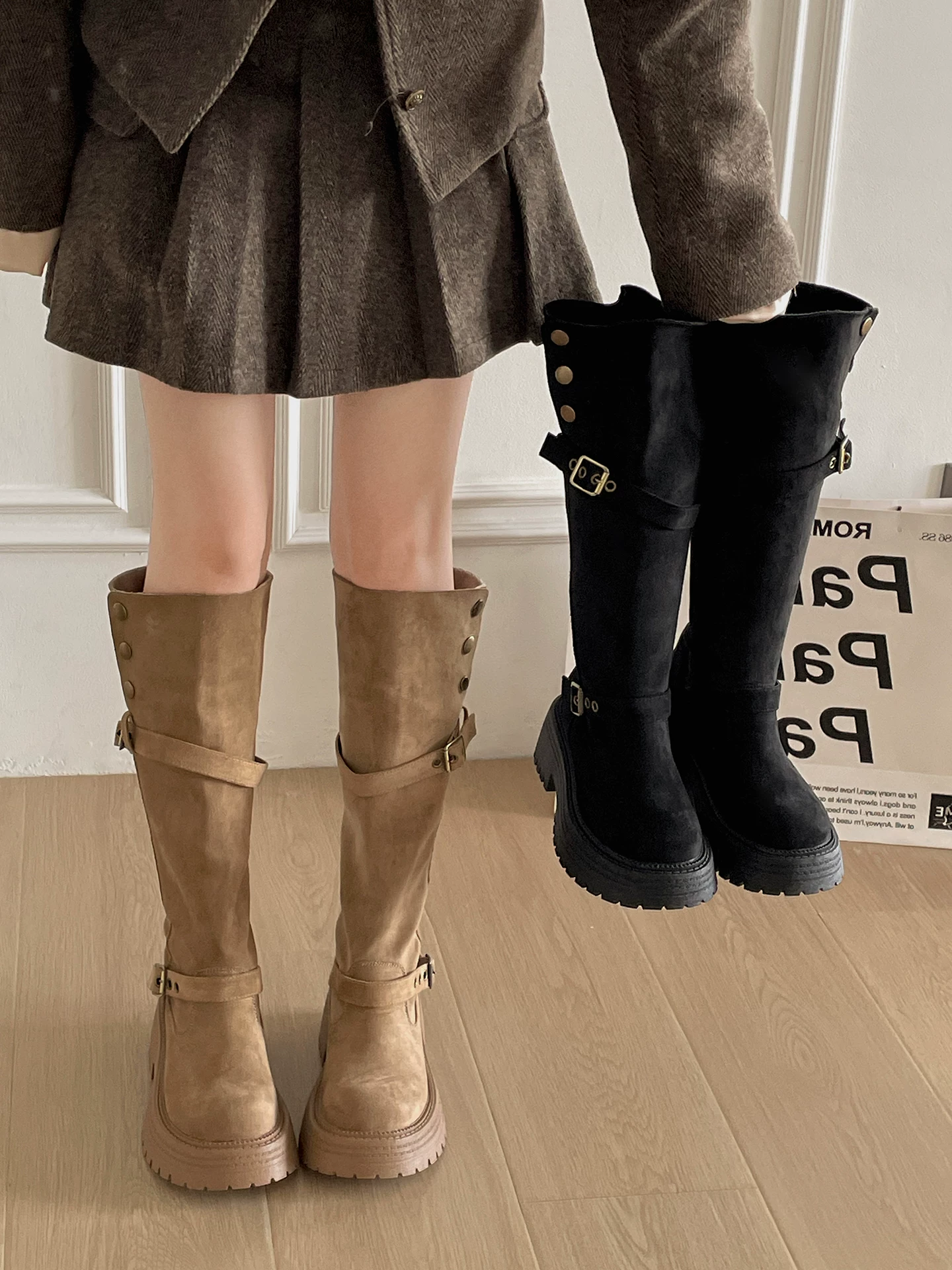 Giày bốt nữ cao cổ kiểu Anh, đế dày, lót lông cừu, màu kaki, mùa thu đông 2025, giữ ấm, đi ngoài trời, đi tuyết, đi cưỡi ngựa