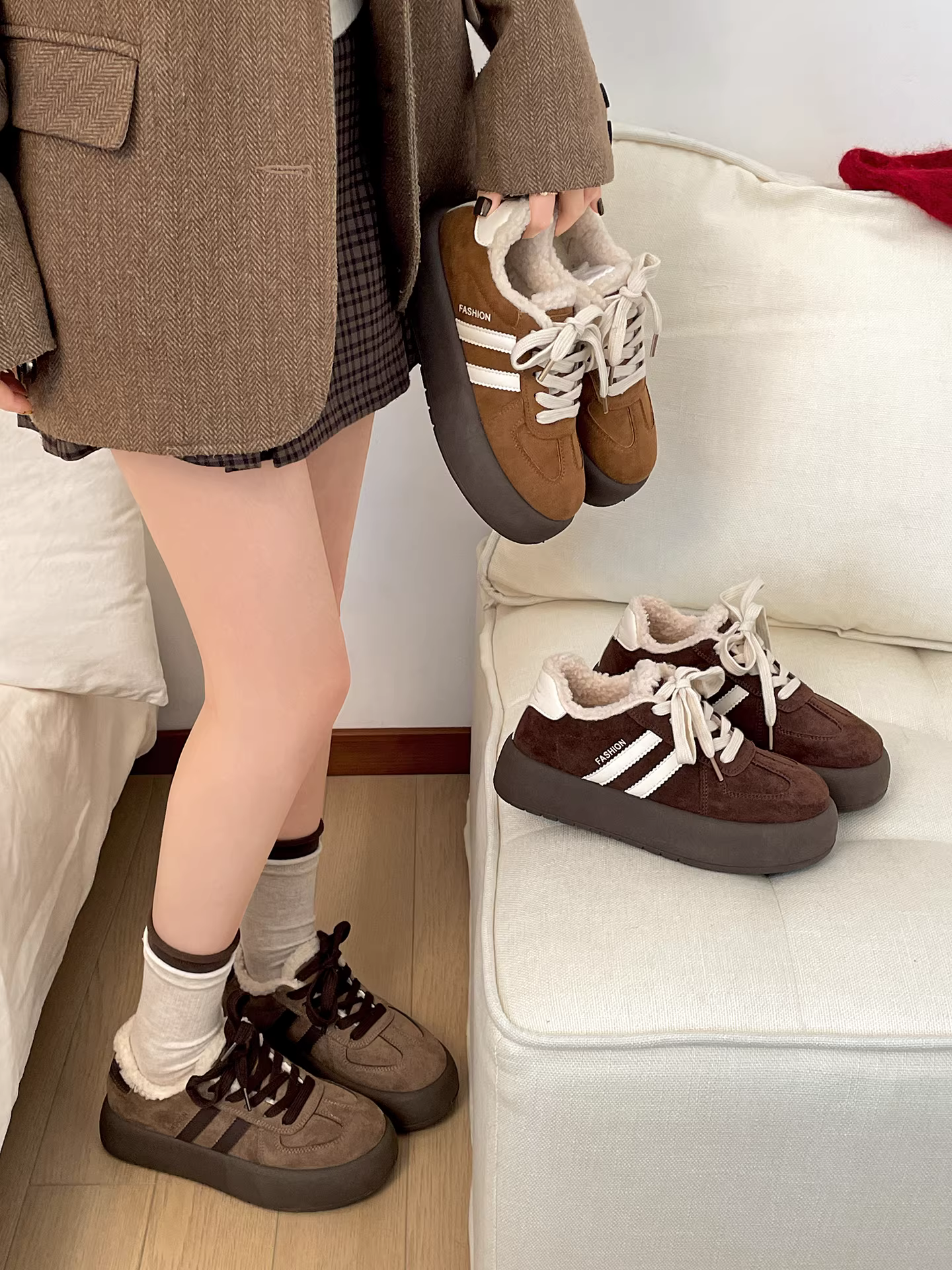 Giày tập luyện Đức đế dày lót lông cừu Nanzai Southern Retro dành cho nữ 2025 Mẫu mới Thu Đông, giày cotton dày giữ ấm đi ngoài trời.