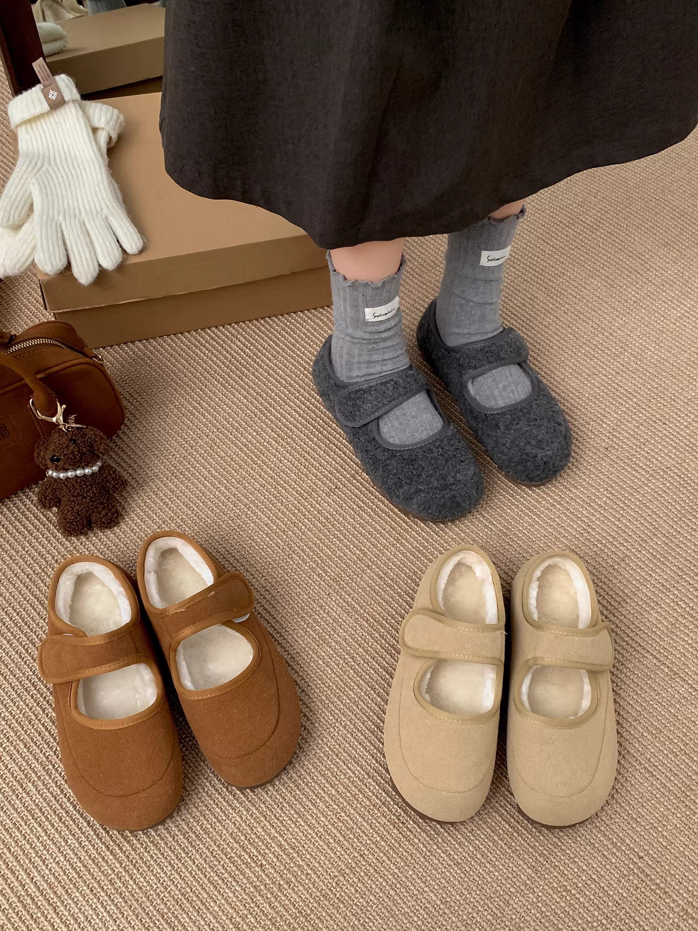 Giày bông đế dày phong cách Pháp cổ điển Nanzai dành cho nữ mùa đông 2025, kiểu lười không dây, chống trơn, lót lông cừu, kiểu Mary Jane.