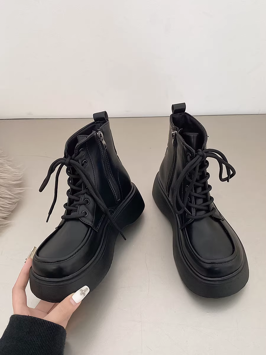 Giày bốt Martin đế dày phong cách retro Anh quốc màu đen dành cho nữ, mẫu mới thu đông 2025, đa năng, tăng chiều cao.
