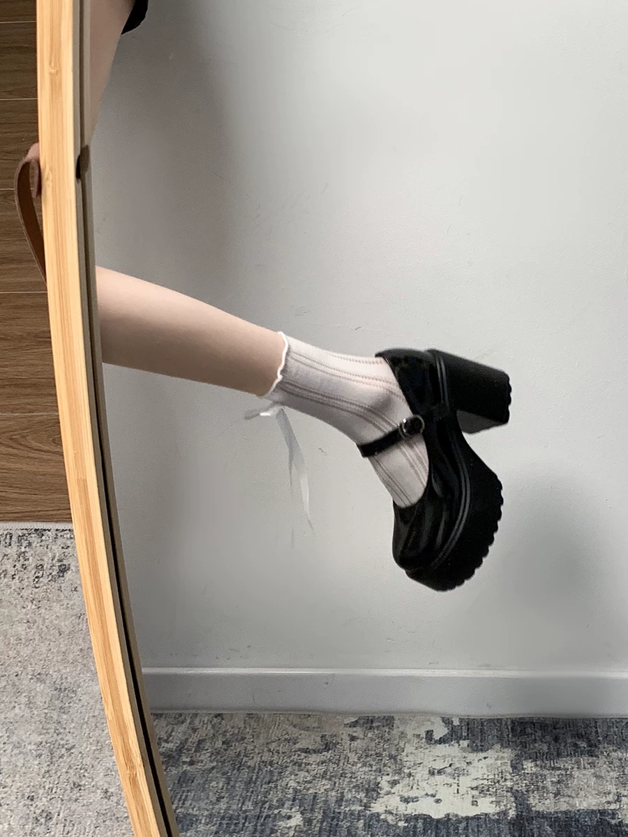 Giày cao gót chunky retro kiểu Pháp màu đen dành cho nữ, mẫu mới thu 2025, tăng chiều cao, kiểu Mary Jane bằng da, dành cho người nhỏ nhắn