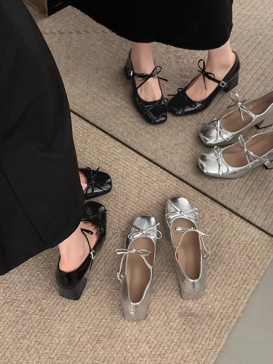 Giày cao gót da kiểu Pháp cổ điển dành cho nữ, phong cách thu đông 2025 mới, giày Mary Jane tăng chiều cao có nơ.