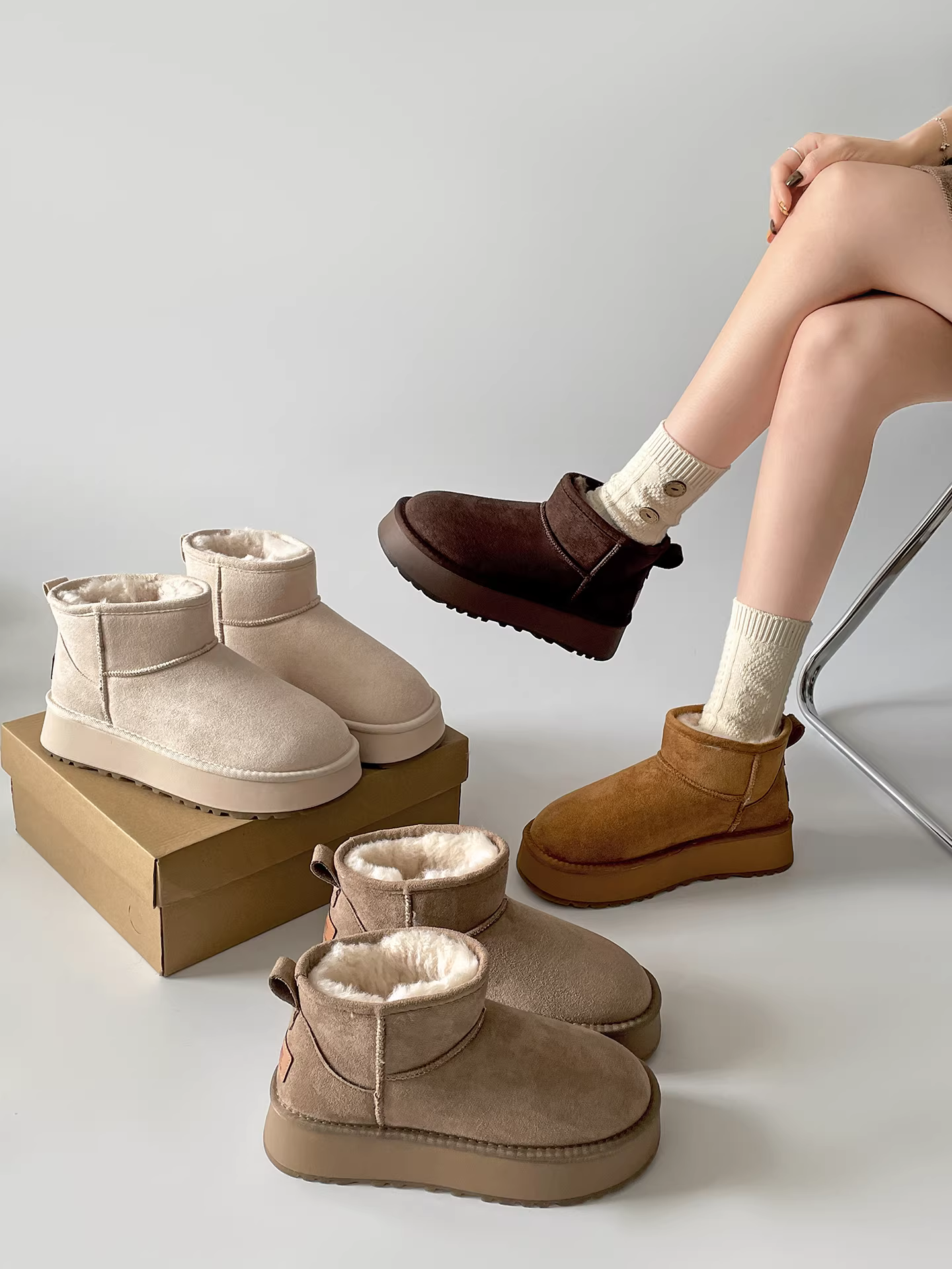 Giày bốt tuyết đế dày nhung Pháp màu nâu cổ điển dành cho nữ, mẫu mới mùa đông 2025, giữ ấm, chất liệu cotton kiểu Birkenstock