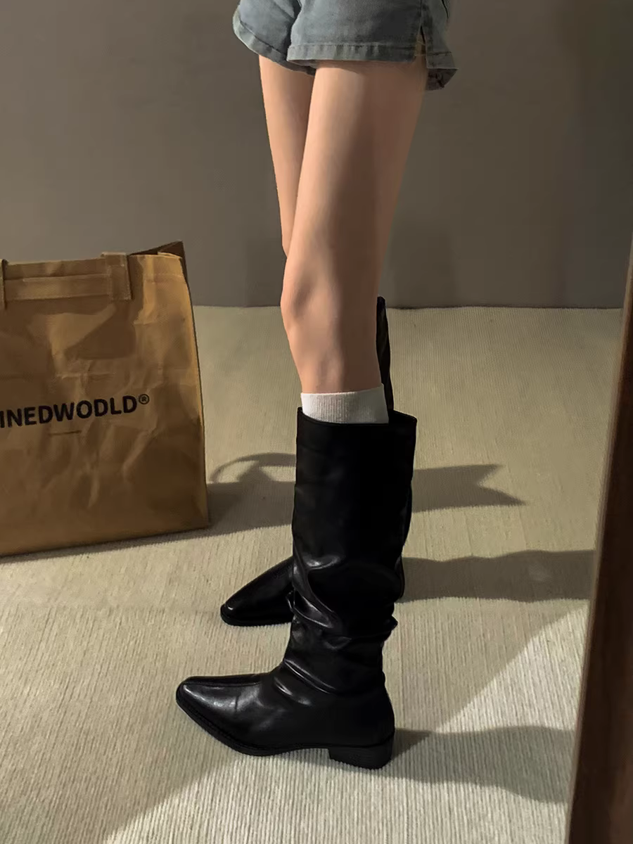 Giày bốt cao gót đế thô mũi nhọn kiểu Mỹ cổ điển dành cho nữ, mẫu mới thu đông 2025, tăng chiều cao, tôn dáng.