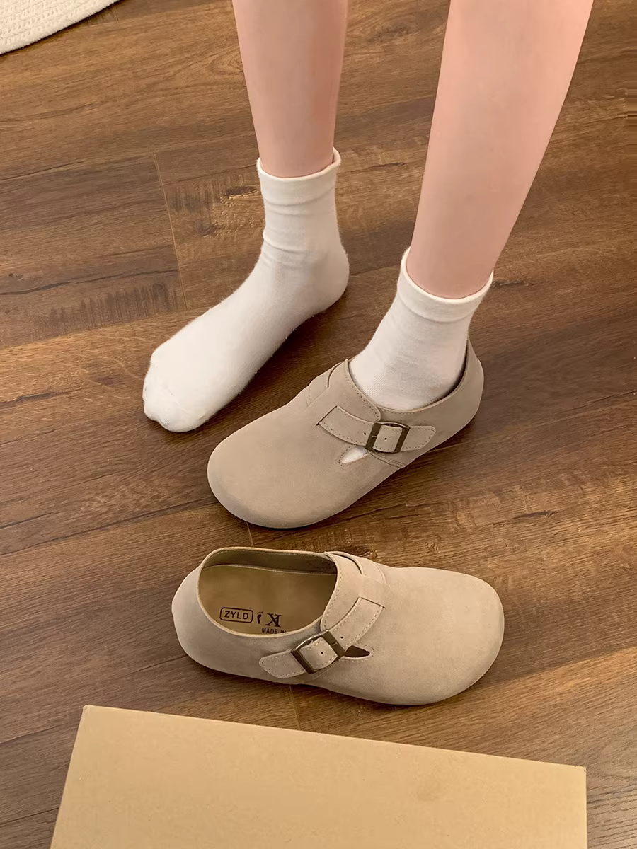 Giày Birkenstock đế bằng tăng chiều cao dành cho nữ, giày lười mũi tròn tăng chiều cao kiểu retro mùa thu mới 2025.