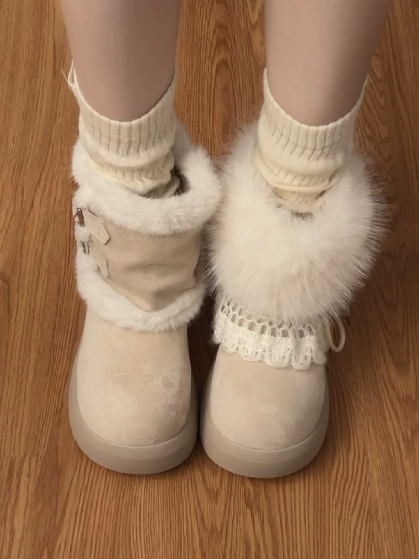 Giày bốt tuyết đế dày giữ ấm kiểu cổ điển dành cho nữ, mẫu mới mùa đông 2025, lót lông cừu dày dặn, chất liệu len Fair Isle và cotton