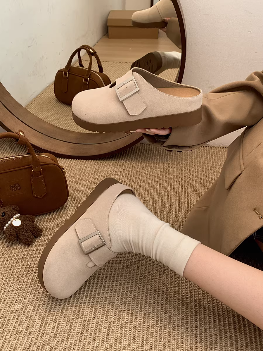 Giày Birkenstock đế dày kiểu cổ điển Nanzai Nandong dành cho nữ 2025, mẫu mới mùa thu, kiểu lười, mũi kín, nửa dép