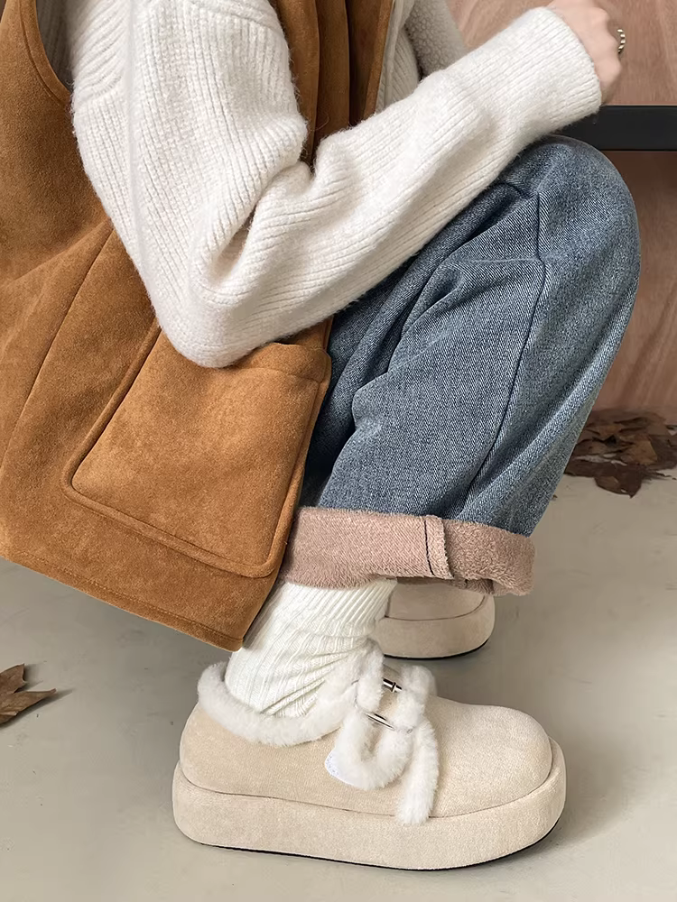 Giày bốt nữ đế dày lót lông cừu trắng, kiểu Birkenstock giữ ấm mùa đông 2025, tăng chiều cao.