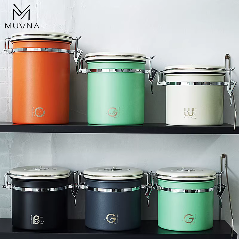 Hộp đựng cà phê bằng thép không gỉ MUVNA, kín khí, có van một chiều để bảo quản và ủ cà phê.