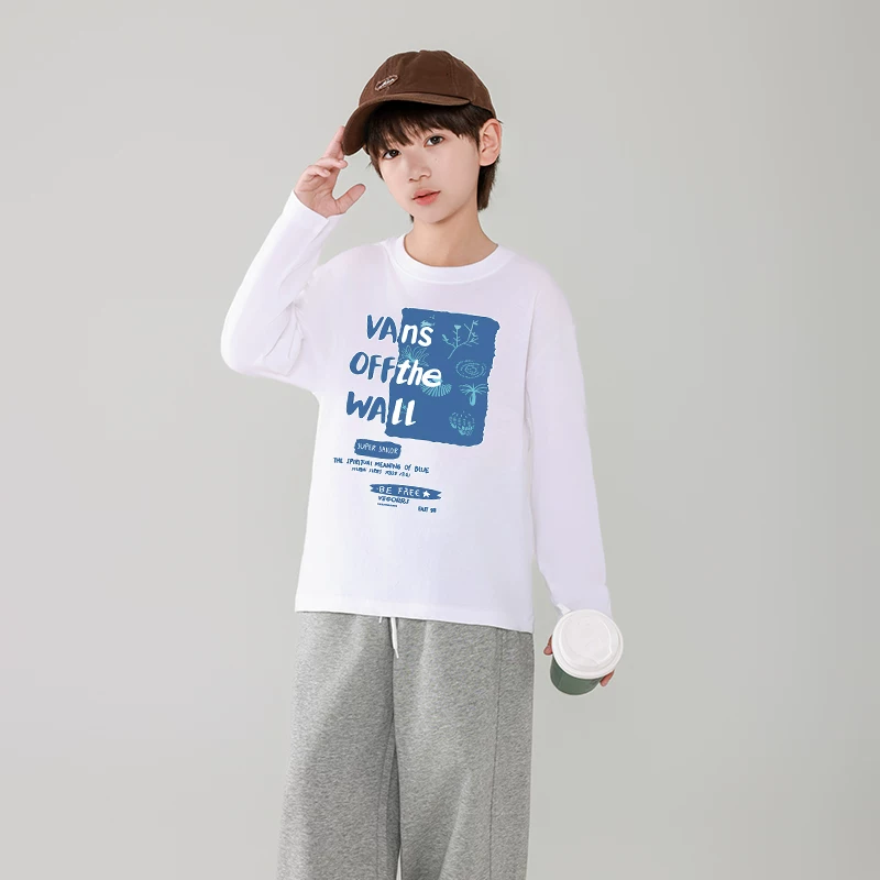 Áo thun dài tay cho bé trai, chất liệu cotton nguyên chất, phong cách xuân thu, trang phục bên trong thời trang cho trẻ em cỡ vừa và lớn, áo mùa thu thường ngày, áo lót, thương hiệu thời thượng.