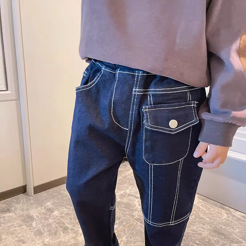 Quần jeans trẻ em bé trai mùa xuân phong cách Hàn Quốc, quần dài trẻ em phối màu co giãn thời trang