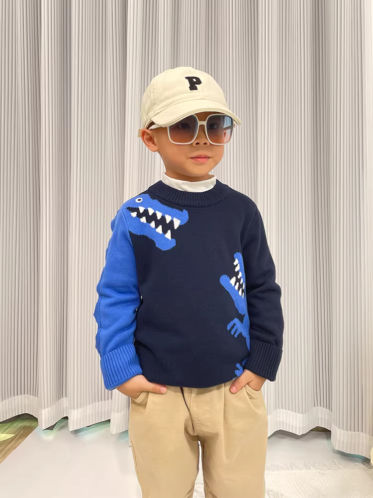 Áo len cổ tròn bé trai mùa xuân đông kiểu mới 2025 họa tiết khủng long áo len trẻ em áo len bé trai