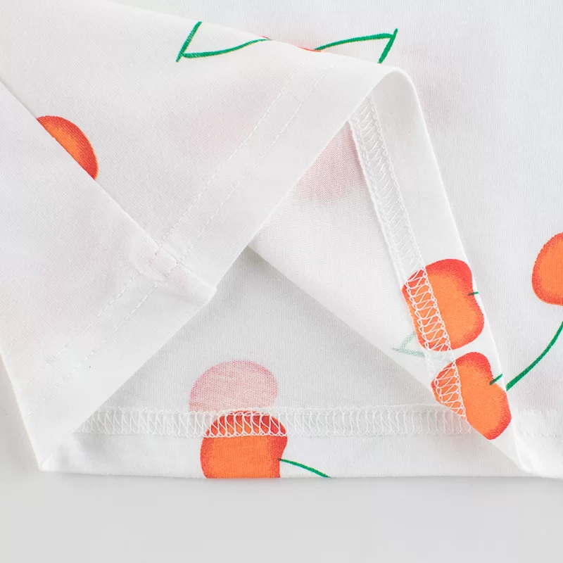 Áo thun cotton 100% tay ngắn mùa hè kiểu Hàn Quốc 2025 dành cho bé gái, áo kiểu tròn cổ in hình cherry toàn thân, thời trang năng động
