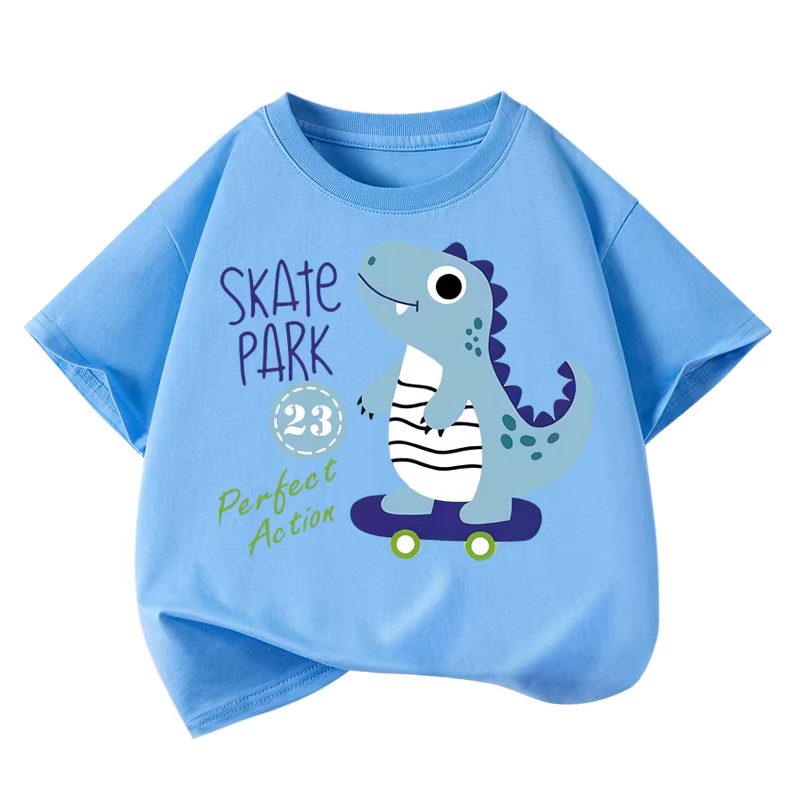 Áo thun ngắn tay Little Hope cho bé trai, họa tiết khủng long hoạt hình mùa hè, kiểu dáng rộng rãi, thoải mái, quần áo trẻ em cho trẻ lớn hơn, 100% cotton, tay lửng