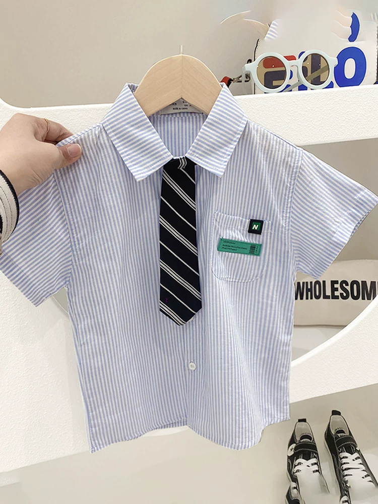 Áo sơ mi ngắn tay cho bé trai, kiểu dáng mỏng mới mùa xuân thu, cà vạt nhỏ thời trang, áo sơ mi cotton nguyên chất hợp thời trang và sành điệu dành cho trẻ nhỏ và trẻ trung bình