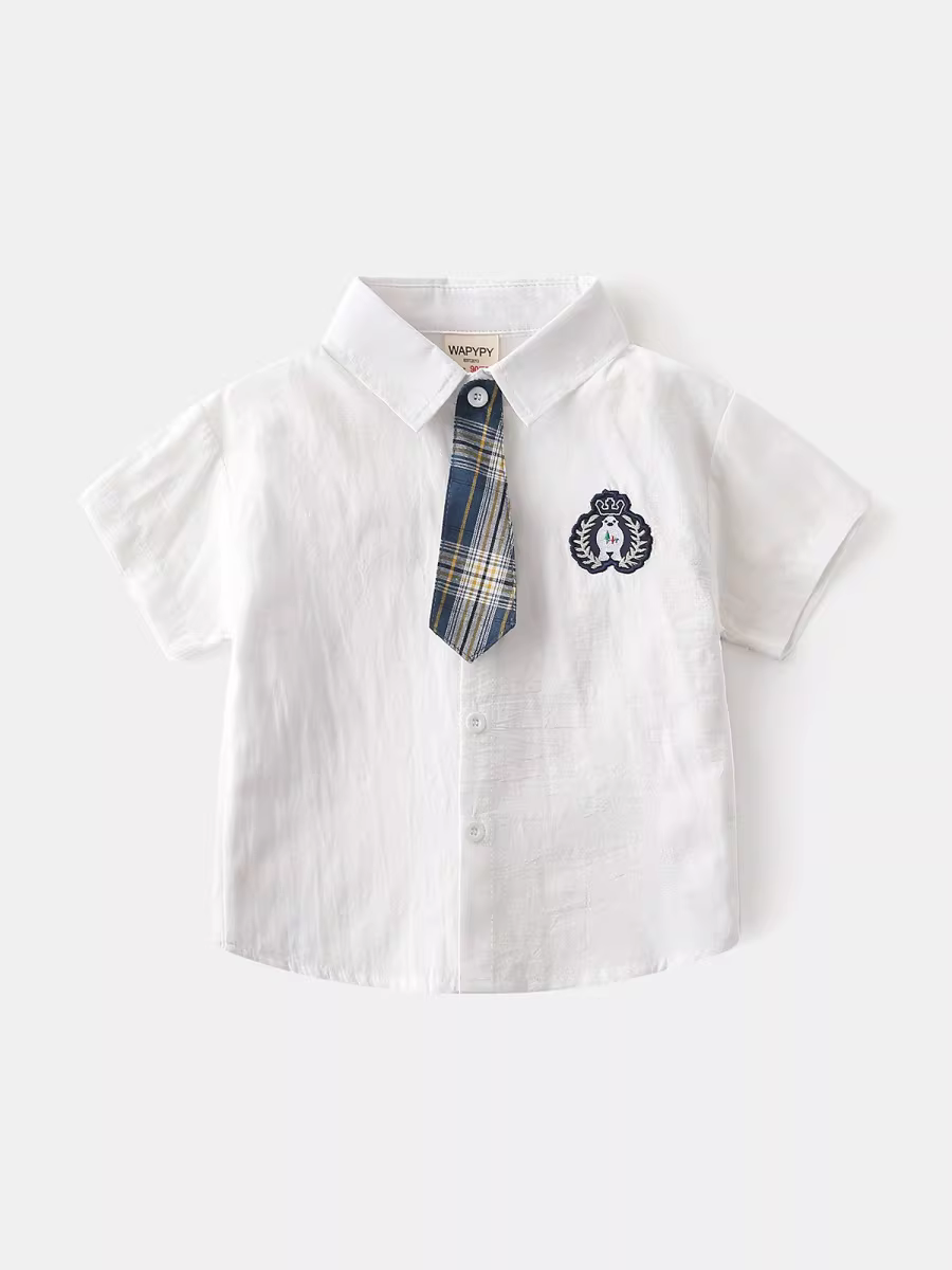Áo sơ mi ngắn tay cho bé trai, phong cách Anh mùa hè, cà vạt đẹp trai, áo sơ mi kẻ sọc cho bé, áo kiểu preppy giản dị cho trẻ em, hợp thời trang