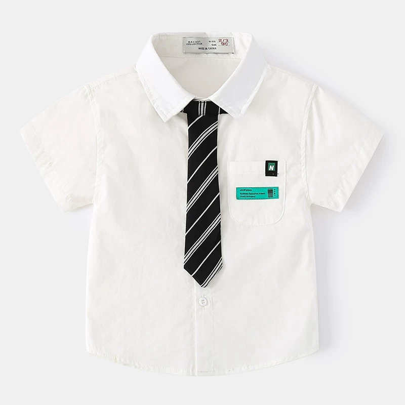 Áo sơ mi ngắn tay có cà vạt nhỏ cho bé trai mùa hè phong cách preppy thời trang trẻ em hoạt hình áo sơ mi mỏng có cổ bằng vải cotton nguyên chất