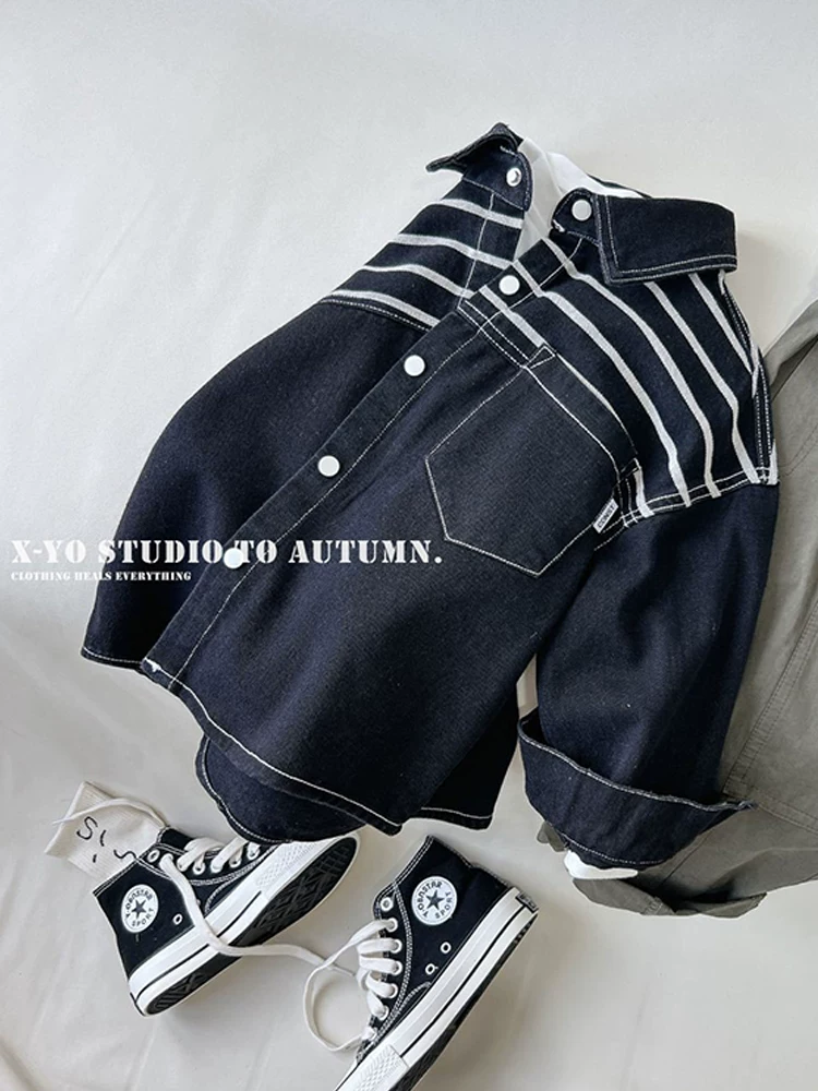 Áo khoác denim dày cho bé trai, mùa xuân 2025, áo sơ mi dài tay mới cho bé trai, áo khoác ngoài mùa xuân thu cho bé
