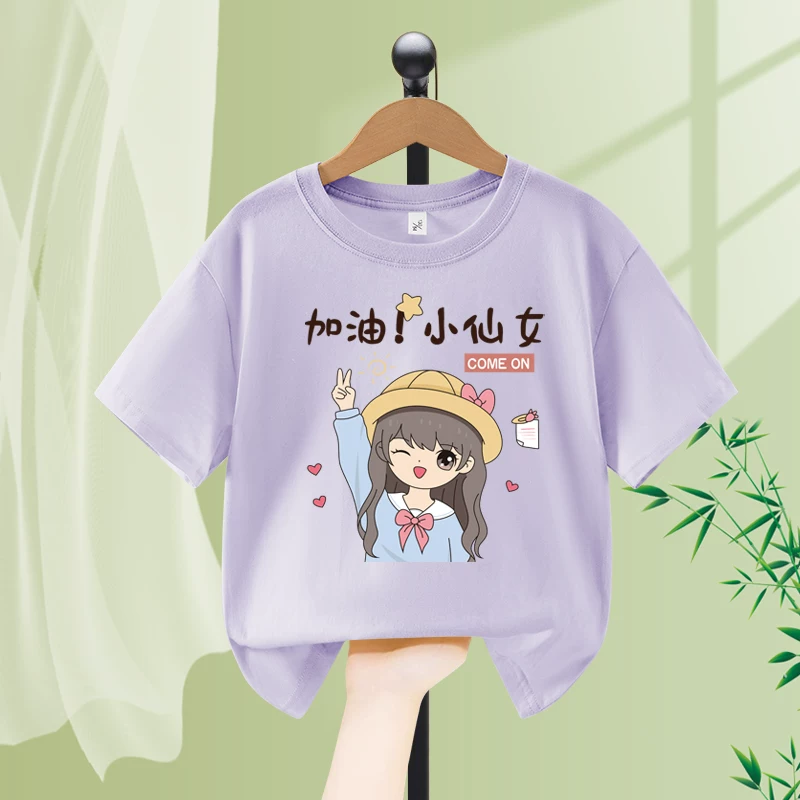 Áo thun ngắn tay bé gái mùa hè chất liệu cotton 100% kiểu mới 2025 áo bé gái mùa hè cổ tròn quần áo mùa hè trẻ lớn