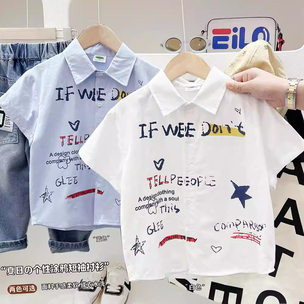 Áo sơ mi ngắn tay bé trai kiểu mới 2025, áo trẻ em, áo khoác mỏng, họa tiết hoạt hình graffiti, quần áo trẻ em, quần áo mùa hè bé trai