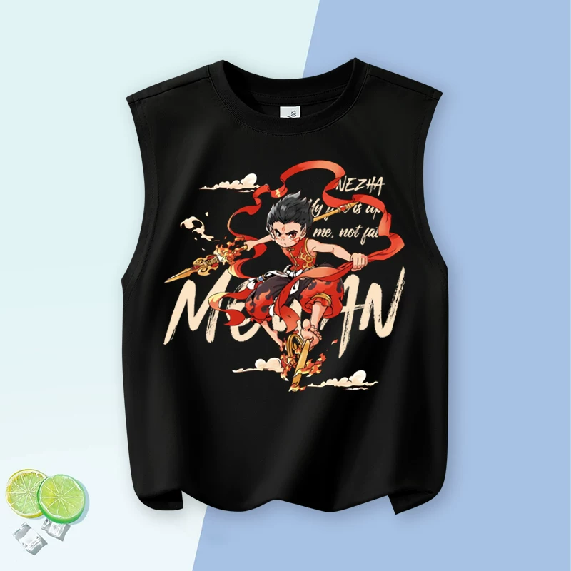 Quần áo trẻ em, áo ghi lê trẻ em, áo thun thể thao cổ tròn chất liệu cotton nguyên chất mùa hè cho bé trai, áo thun không tay cho bé trai và bé gái.