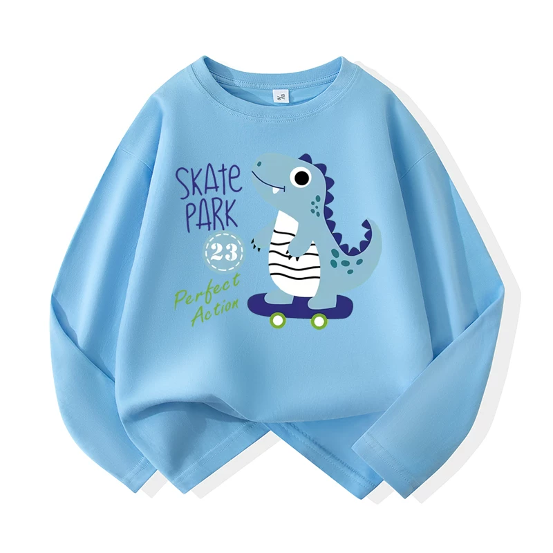 Áo thun dài tay trẻ em thương hiệu thời thượng, chất liệu cotton nguyên chất, dáng rộng, quần áo xuân thu bé trai 2025, áo thun bé trai in hình khủng long hoạt hình, áo lót.