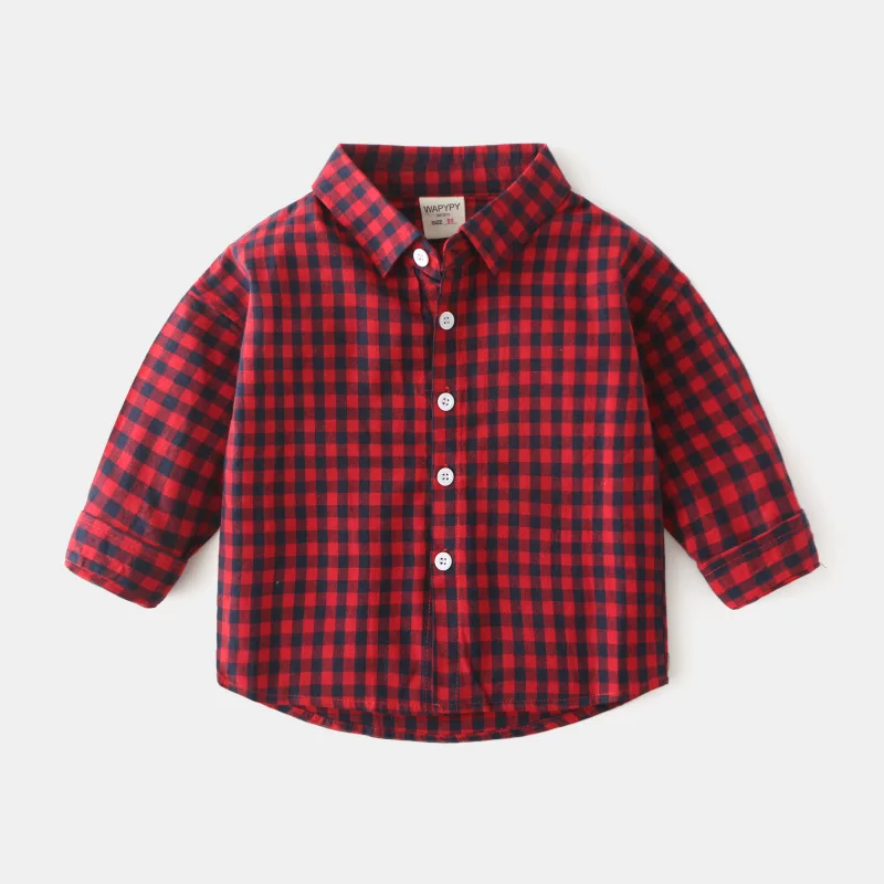 Áo sơ mi trẻ em xuân thu kiểu mới 2025 phiên bản Hàn Quốc, áo bé trai chất liệu cotton nguyên chất tay dài, kiểu trễ vai, kẻ caro