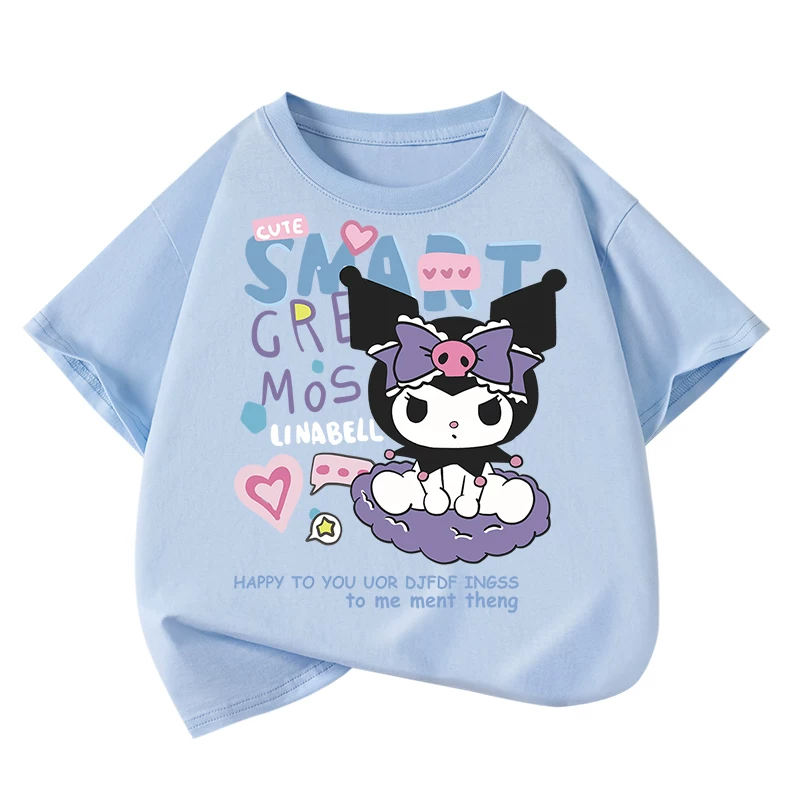 Áo thun ngắn tay thời trang cho bé gái, chất liệu cotton nguyên chất mặc mùa hè, kiểu dáng mới 2025, quần áo trẻ em cỡ trung và lớn, áo hoạt hình Kuromi dễ thương số 1