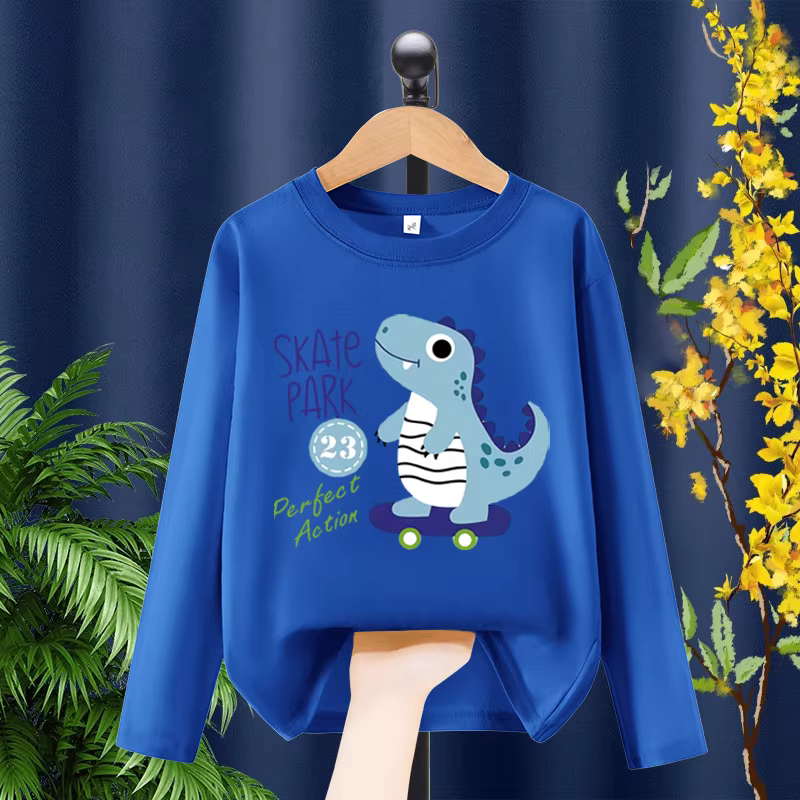 Áo thun cotton nguyên chất cho trẻ em kiểu mới 2025, quần áo trẻ em in hình khủng long nhỏ, cổ tròn, áo dài tay đa năng cho bé trai mùa xuân thu