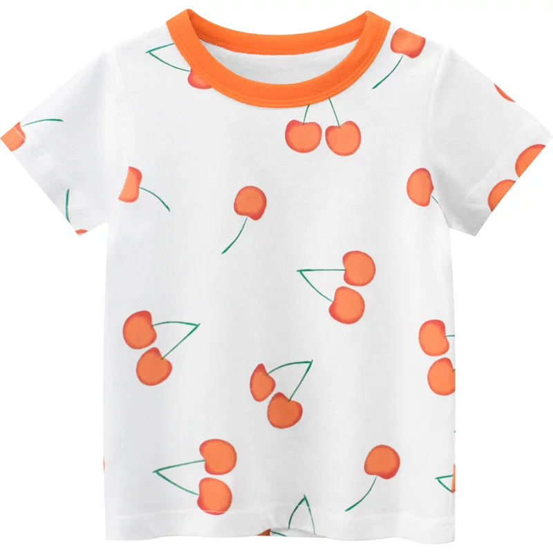 Áo thun cotton 100% tay ngắn mùa hè kiểu Hàn Quốc 2025 dành cho bé gái, áo kiểu tròn cổ in hình cherry toàn thân, thời trang năng động