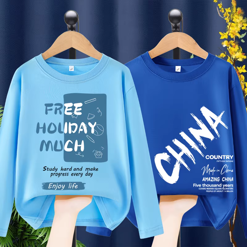 Áo thun dài tay bé trai kiểu mới 2025, chất liệu cotton nguyên chất thoáng khí nhẹ, áo lót cho bé trung và lớn, kiểu dáng xuân thu.