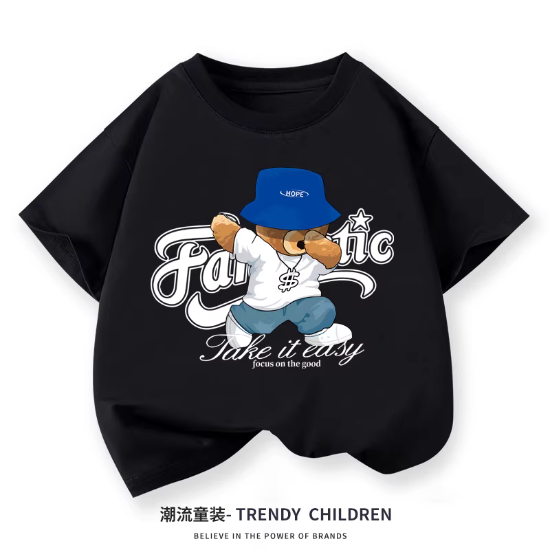 Trang phục mùa hè mới năm 2025 dành cho trẻ em, áo thun ngắn tay cổ tròn màu đen, thiết kế hình chú gấu ngộ nghĩnh cho bé trai và bé gái, áo thun cotton nguyên chất thời trang, hợp xu hướng