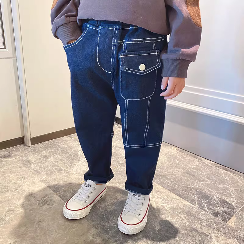 Quần jeans trẻ em bé trai mùa xuân phong cách Hàn Quốc, quần dài trẻ em phối màu co giãn thời trang