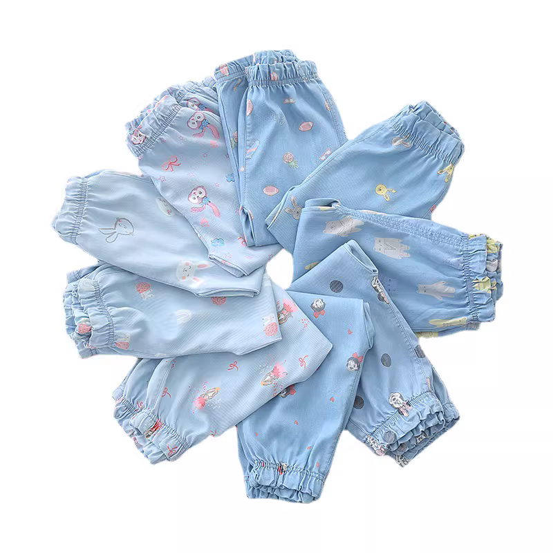 Quần denim Tencel trẻ em, quần chống muỗi chín phần, kiểu mới hè 2025, quần đèn lồng in họa tiết dày dặn cho bé gái