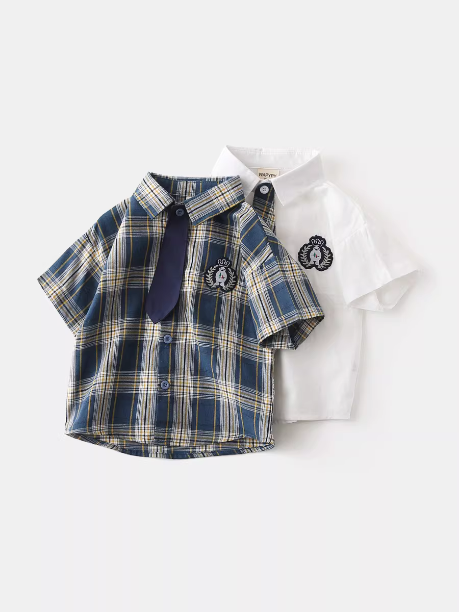 Áo sơ mi ngắn tay cho bé trai, phong cách Anh mùa hè, cà vạt đẹp trai, áo sơ mi kẻ sọc cho bé, áo kiểu preppy giản dị cho trẻ em, hợp thời trang