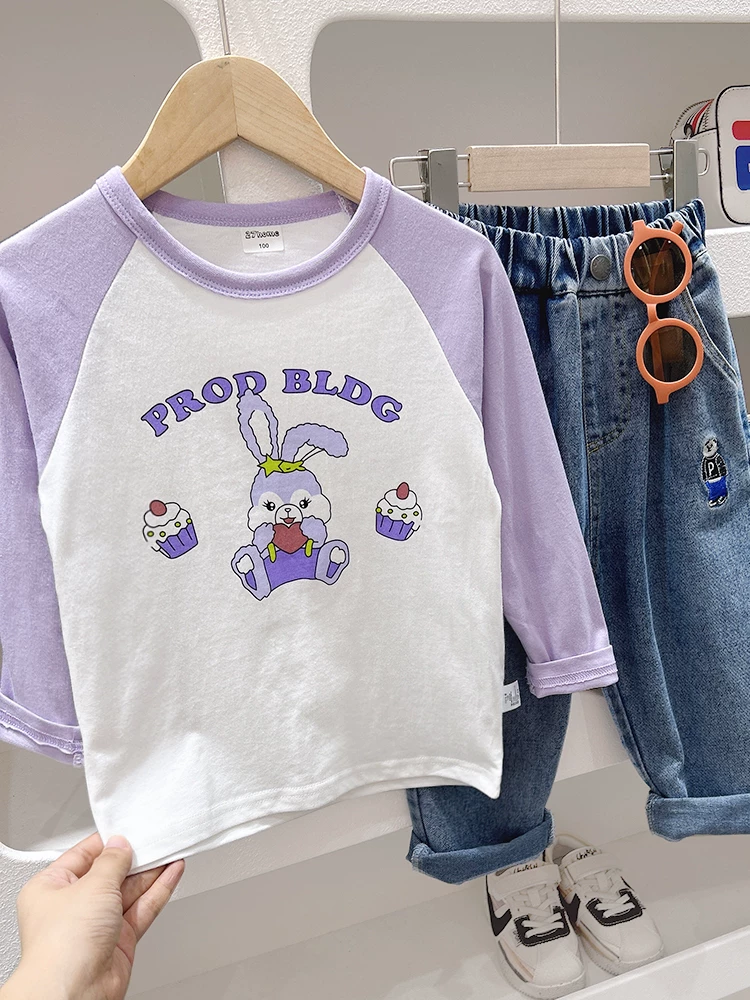 Áo thun dài tay bé gái mặc mùa xuân 2025 mới chất liệu cotton nguyên chất quần áo trẻ em áo thun bé gái áo thun trẻ em mặc trong mùa xuân thu