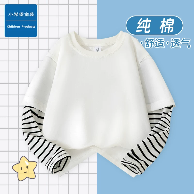 Áo thun dài tay cho bé trai, chất liệu cotton nguyên chất, thân thiện với làn da, thoáng khí, kiểu dáng 2025, giả hai mảnh, dành cho trẻ lớn, mùa xuân thu, áo chui đầu trẻ em.