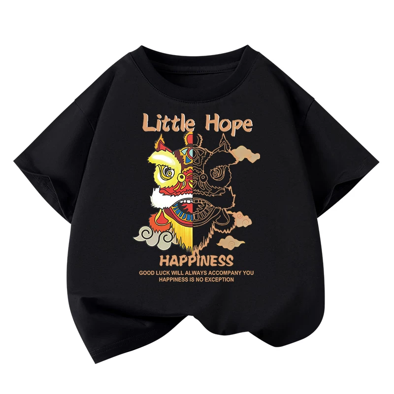 Áo thun ngắn tay Little Hope cho trẻ em mùa hè 2025, kiểu dáng rộng rãi và thời trang, phong cách Trung Hoa, chất liệu cotton nguyên chất dành cho bé trai lớn