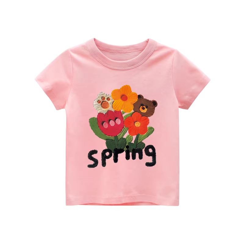 Áo thun bé gái tay ngắn chất cotton 100%, họa tiết hoa tranh sơn dầu, kiểu dáng mùa hè mới 2025, áo kiểu thời trang cho bé gái, áo lót